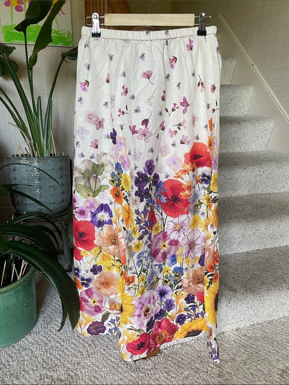 H&M Floral Linen Maxi Skirt in Cream with Multicolor Bloom Print